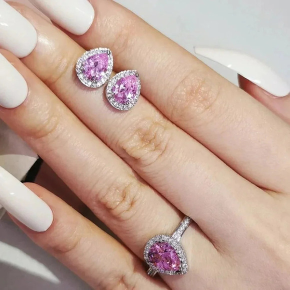 Pink Sapphire Diamond Pear Cut Ring & Earring Set - Picture 4 of 5